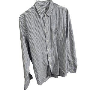 Muji Blue & White Striped Button-Down Shirt Long Sleeve Linen Blend Large 16o
